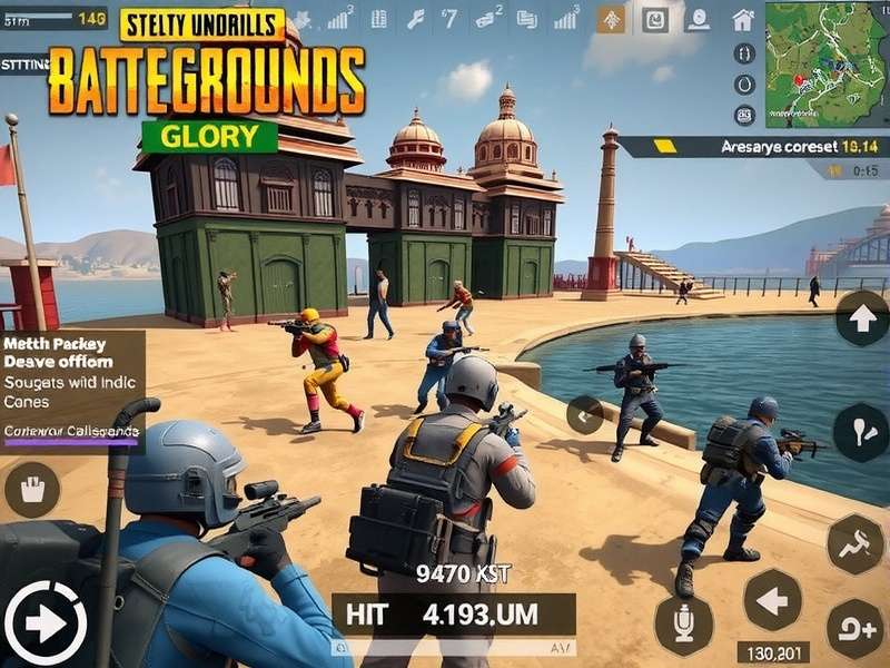 PUBG Mobile India Glory gameplay screenshot showing a team battle in the 'Desi Docks' map area with Indian-style buildings and weapons