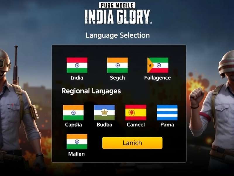 PUBG Mobile India Glory language selection screen showing various Indian languages with regional flag icons